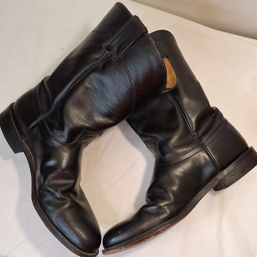 Justin Mens Black Leather Mid-Calf Pull-On Cowboy Boots. Lightly Worn.